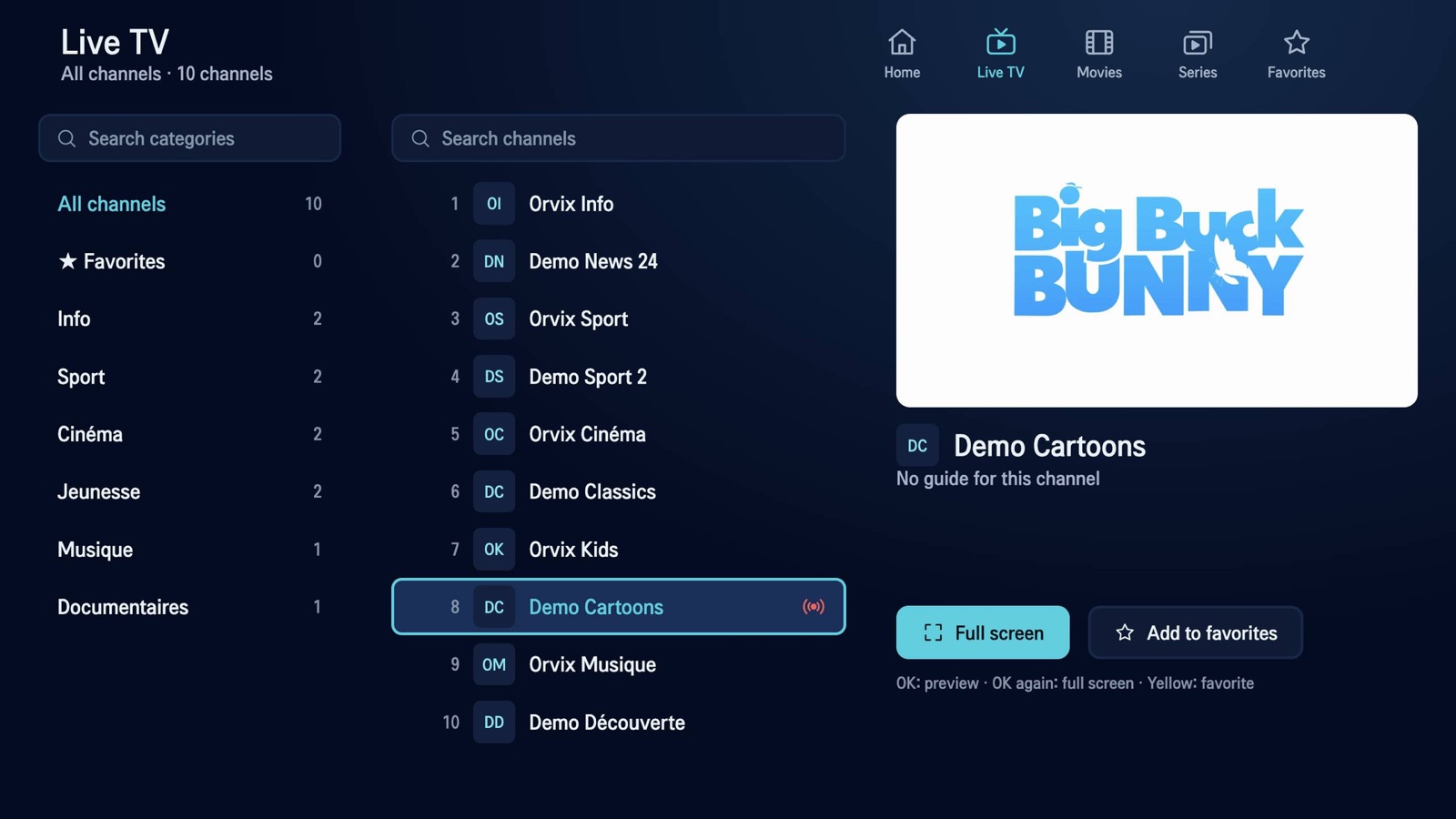 Orvix IPTV — TV en direct (démo)